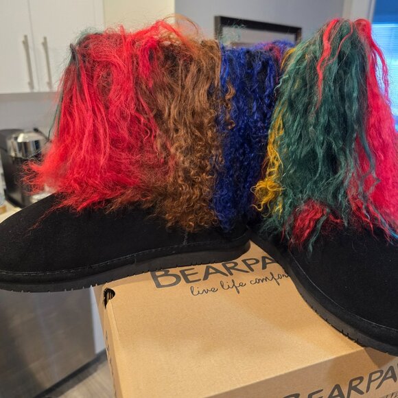 NEW BEARPAW Boo Real Lamb Fur Lined Boots "Rasta" Black / Multi Womens Size 7 - Picture 3 of 13